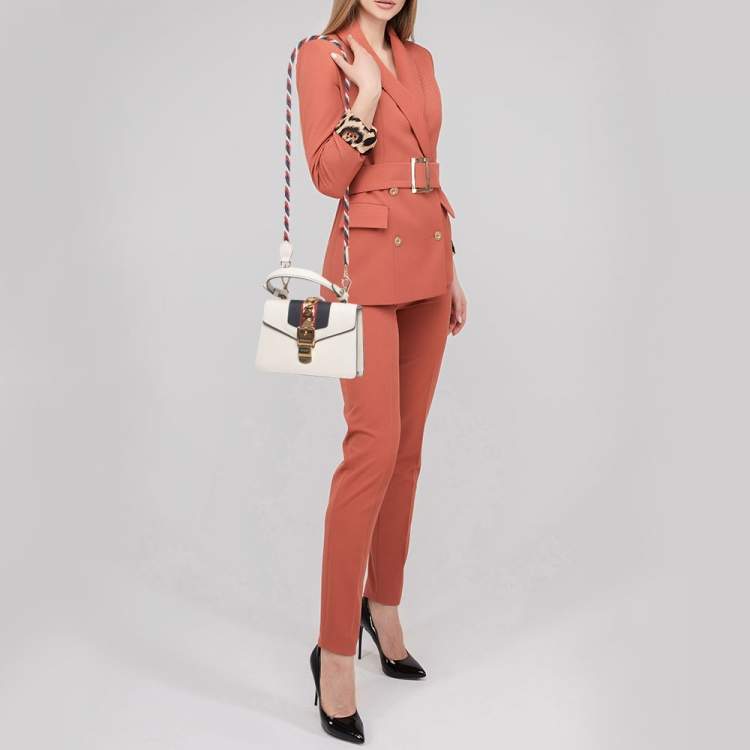 Pre Owned Gucci Off White Leather Mini Web Sylvie Top Handle Bag