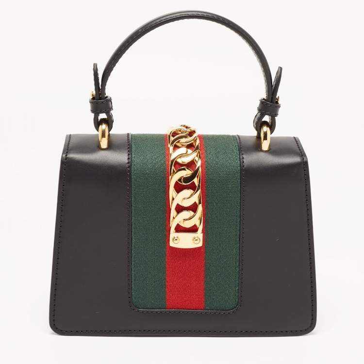 Pre Owned Gucci Black Leather Mini Web Sylvie Top Handle Bag