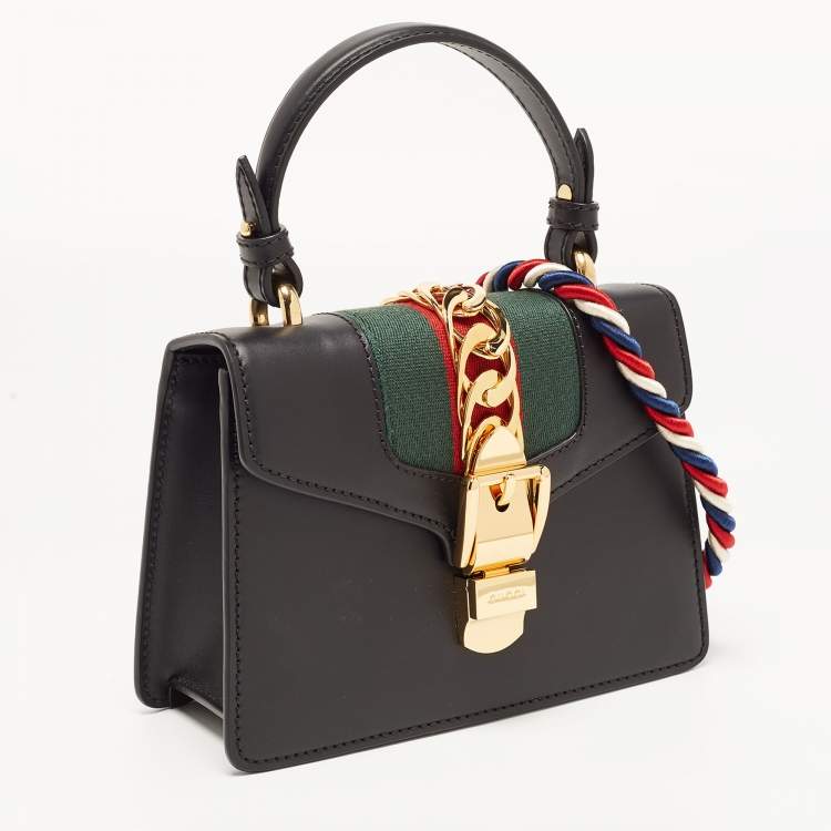 Pre Owned Gucci Black Leather Mini Web Sylvie Top Handle Bag