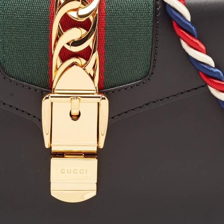 Pre Owned Gucci Black Leather Mini Web Sylvie Top Handle Bag