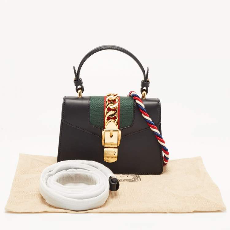 Pre Owned Gucci Black Leather Mini Web Sylvie Top Handle Bag