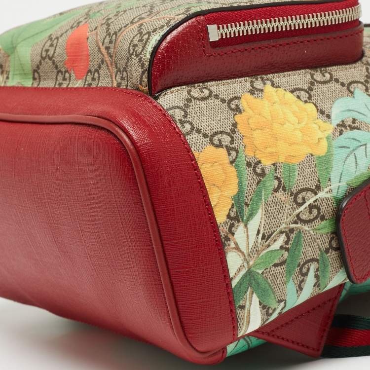 Pre Owned Gucci Red/Beige/GG Supreme Canvas and Leather Small Tian Print Backpack