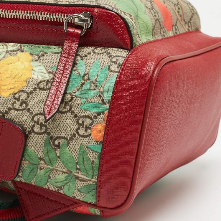 Pre Owned Gucci Red/Beige/GG Supreme Canvas and Leather Small Tian Print Backpack