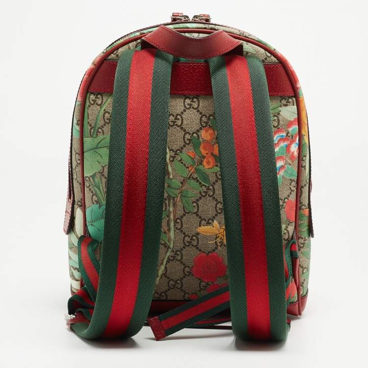 Pre Owned Gucci Red/Beige/GG Supreme Canvas and Leather Small Tian Print Backpack