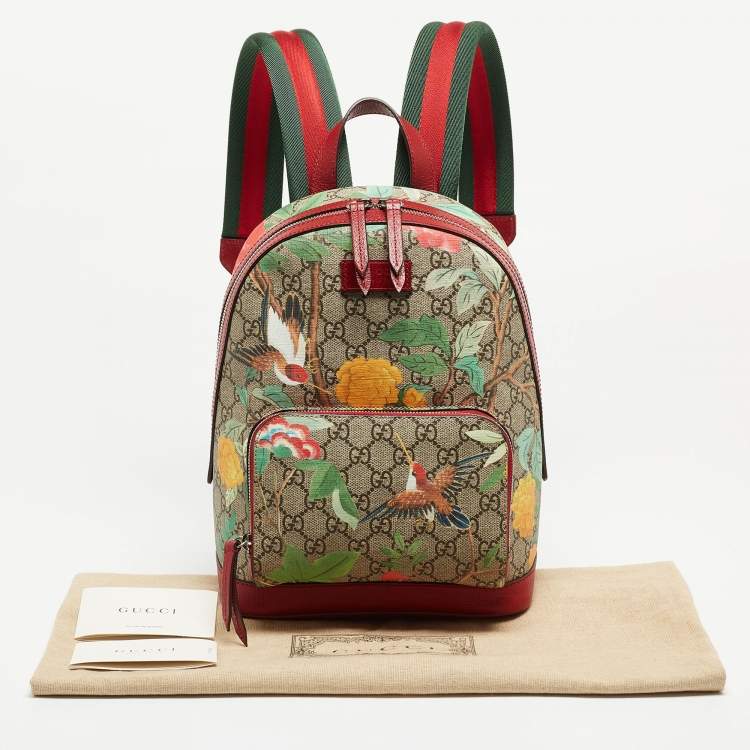 Pre Owned Gucci Red/Beige/GG Supreme Canvas and Leather Small Tian Print Backpack