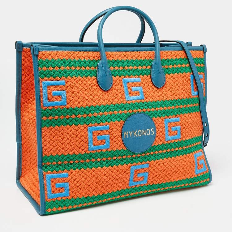 Pre Owned Gucci Multicolor Square G Embroidered Fabric Mykonos Striped Tote