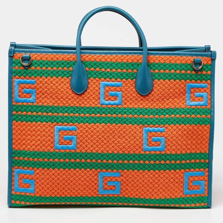 Pre Owned Gucci Multicolor Square G Embroidered Fabric Mykonos Striped Tote