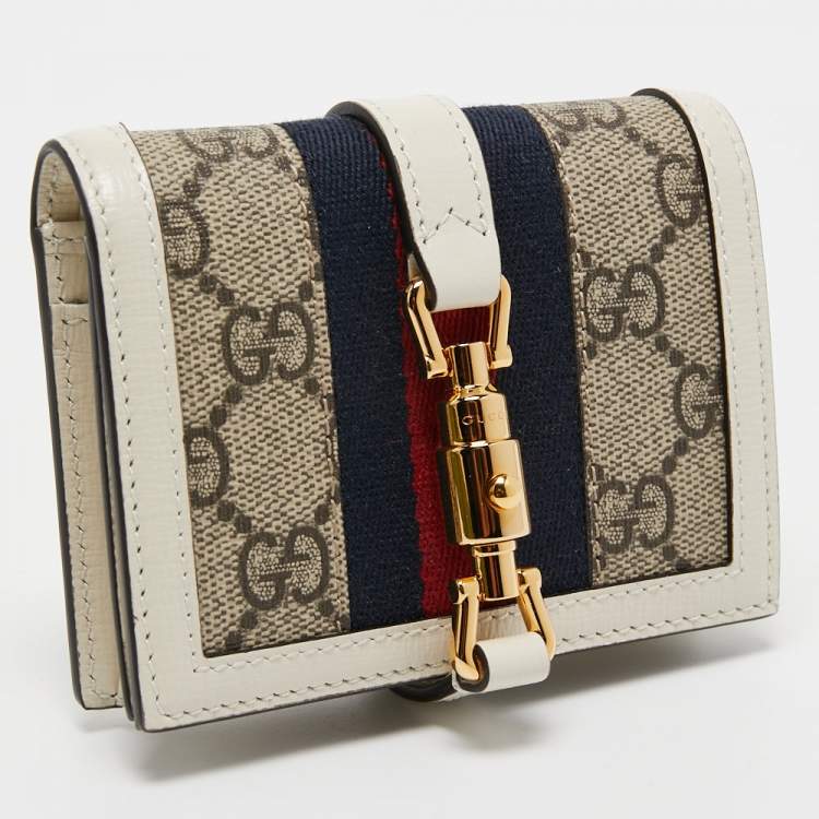 Pre Owned Gucci Beige/Off White GG Supreme Canvas and Leather Jackie 1961 Compact Wallet