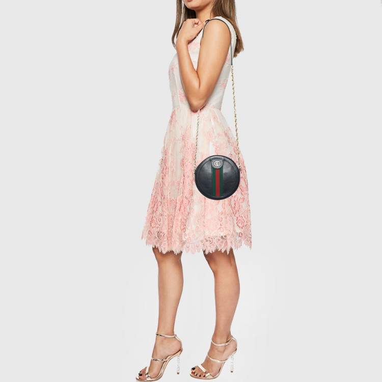 Pre Owned Gucci Black Leather Mini Ophidia Round Shoulder Bag
