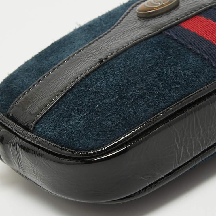 Pre Owned Gucci Black/Navy Blue Suede and Patent Leather Ophidia Belt Bag