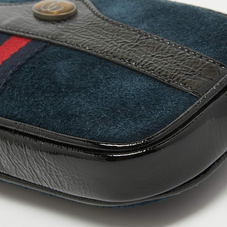 Pre Owned Gucci Black/Navy Blue Suede and Patent Leather Ophidia Belt Bag