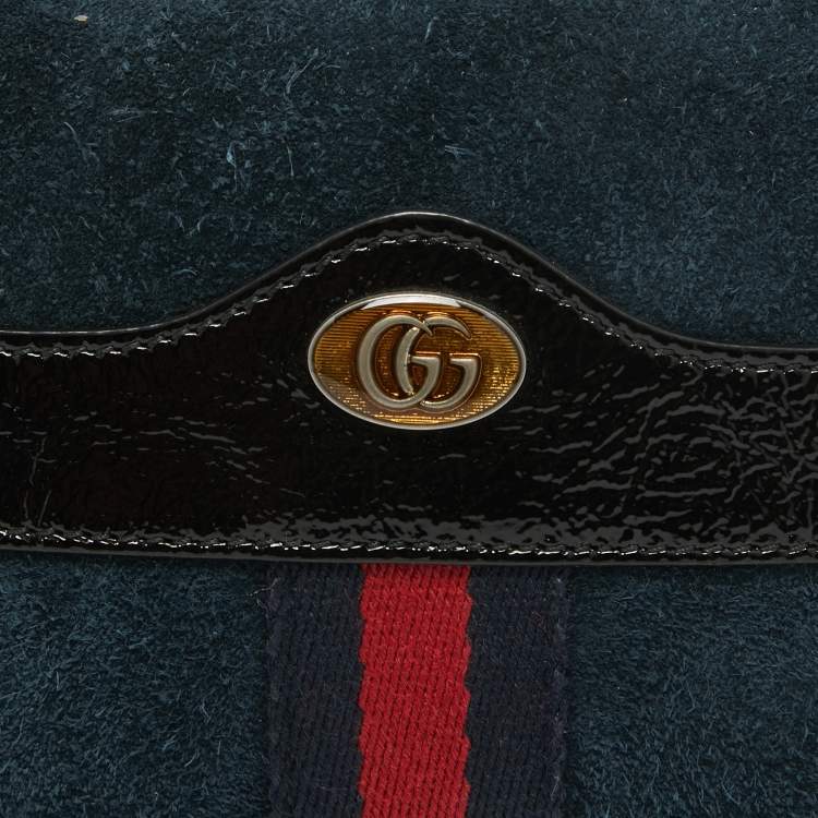 Pre Owned Gucci Black/Navy Blue Suede and Patent Leather Ophidia Belt Bag