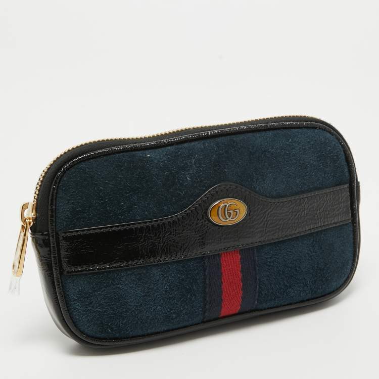 Pre Owned Gucci Black/Navy Blue Suede and Patent Leather Ophidia Belt Bag