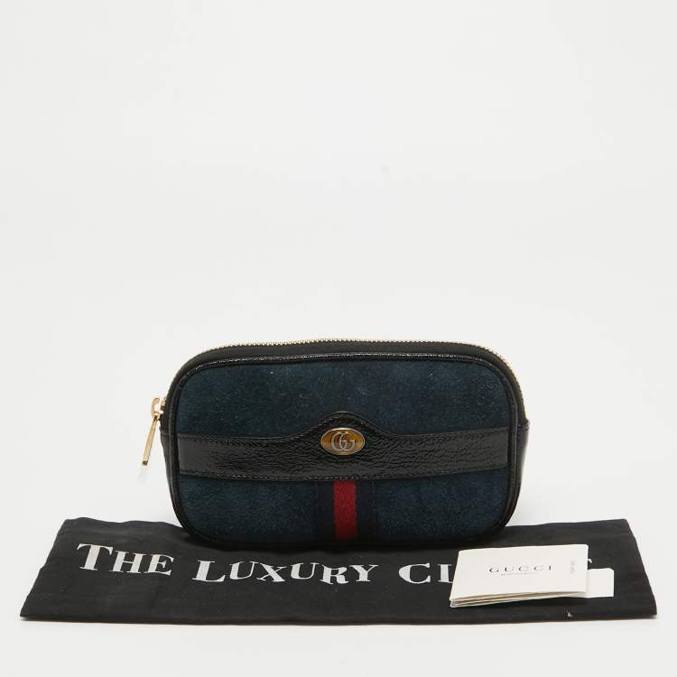 Pre Owned Gucci Black/Navy Blue Suede and Patent Leather Ophidia Belt Bag