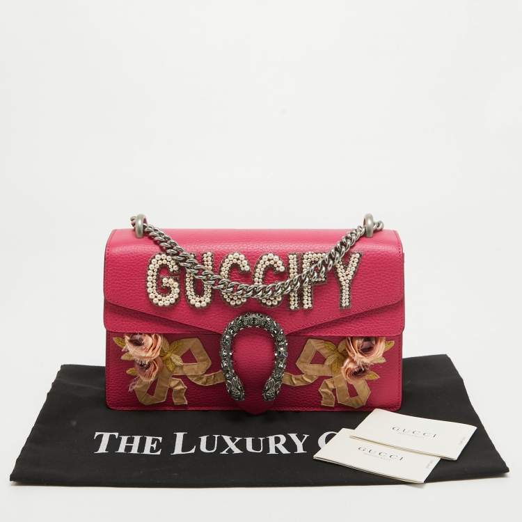 Pre Owned Gucci Magenta Leather Small Guccify Pearl Embellished Dionysus Shoulder Bag