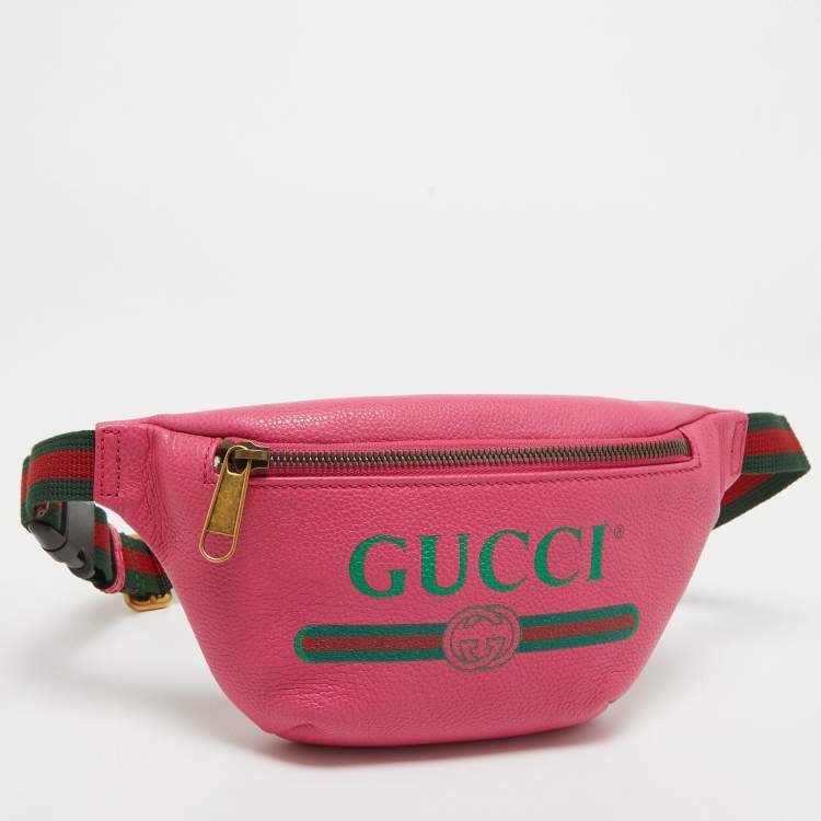Pre Owned Gucci Pink Leather Logo Web Belt Bag