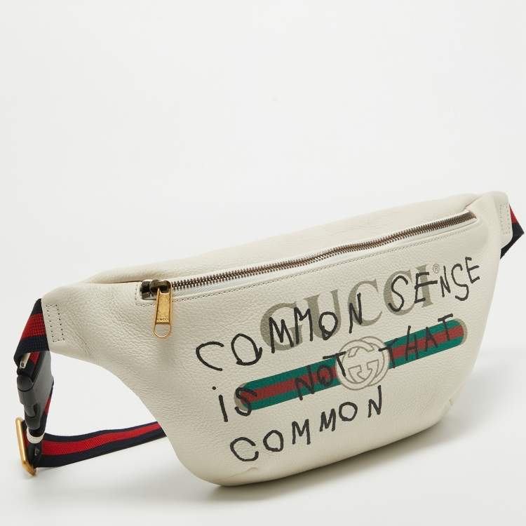 Pre Owned Gucci Cream Pebbled Leather Logo Web Belt Bag