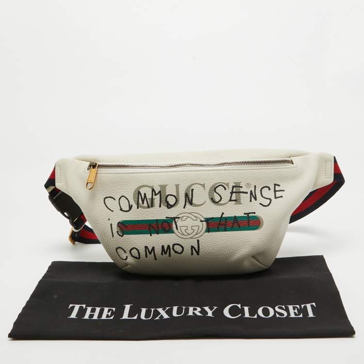 Pre Owned Gucci Cream Pebbled Leather Logo Web Belt Bag