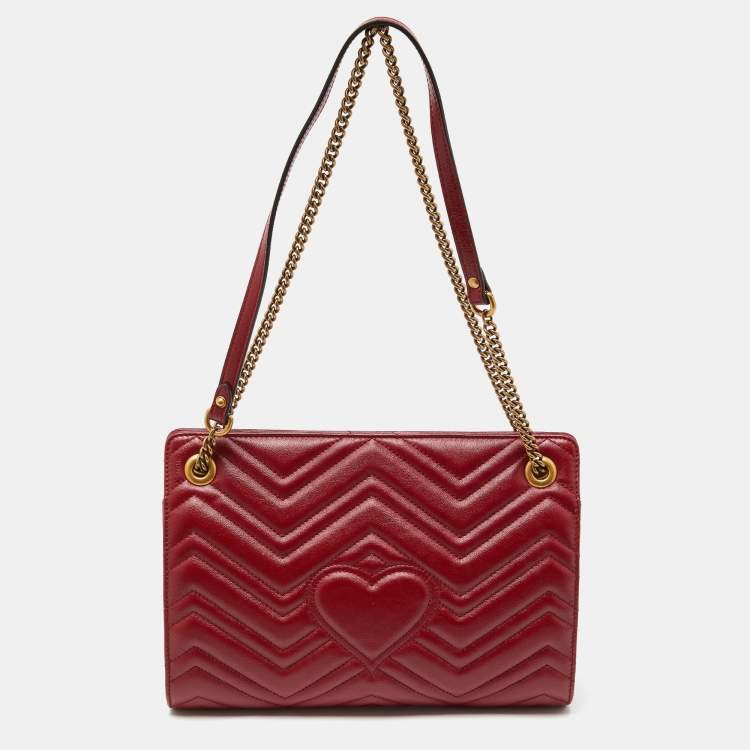 Pre Owned Gucci Red Matelassé Leather Medium GG Marmont Chain Bag