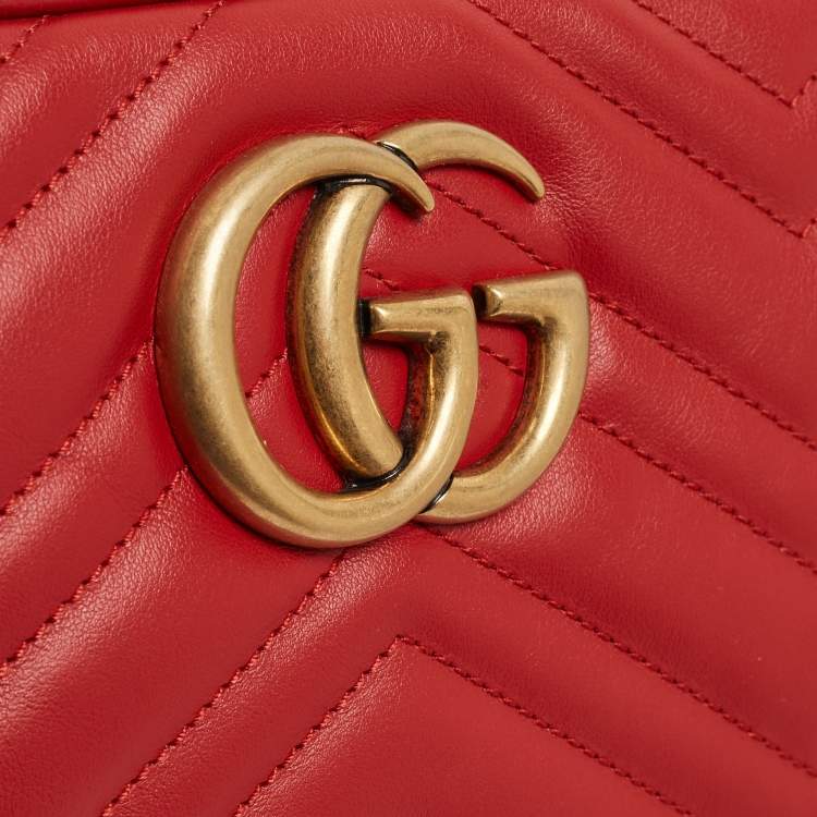 Pre Owned Gucci Red Matelassé Leather Small GG Marmont Shoulder Bag