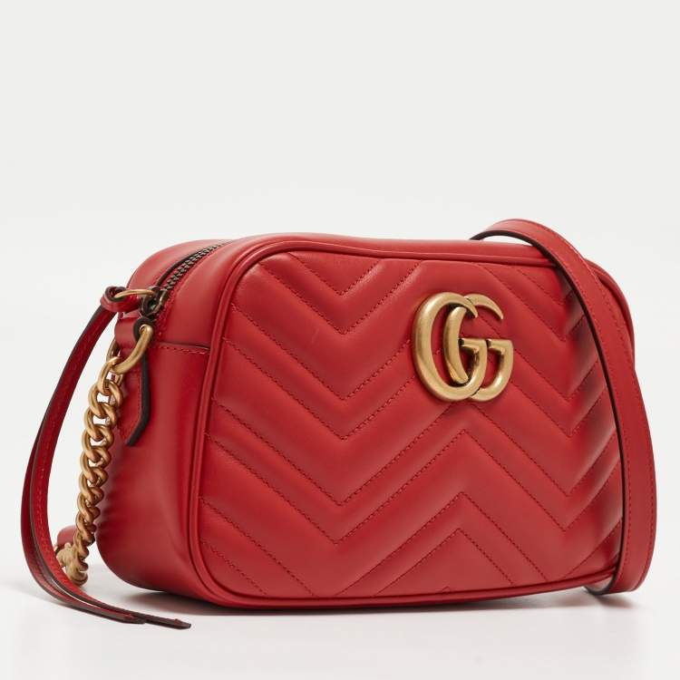 Pre Owned Gucci Red Matelassé Leather Small GG Marmont Shoulder Bag