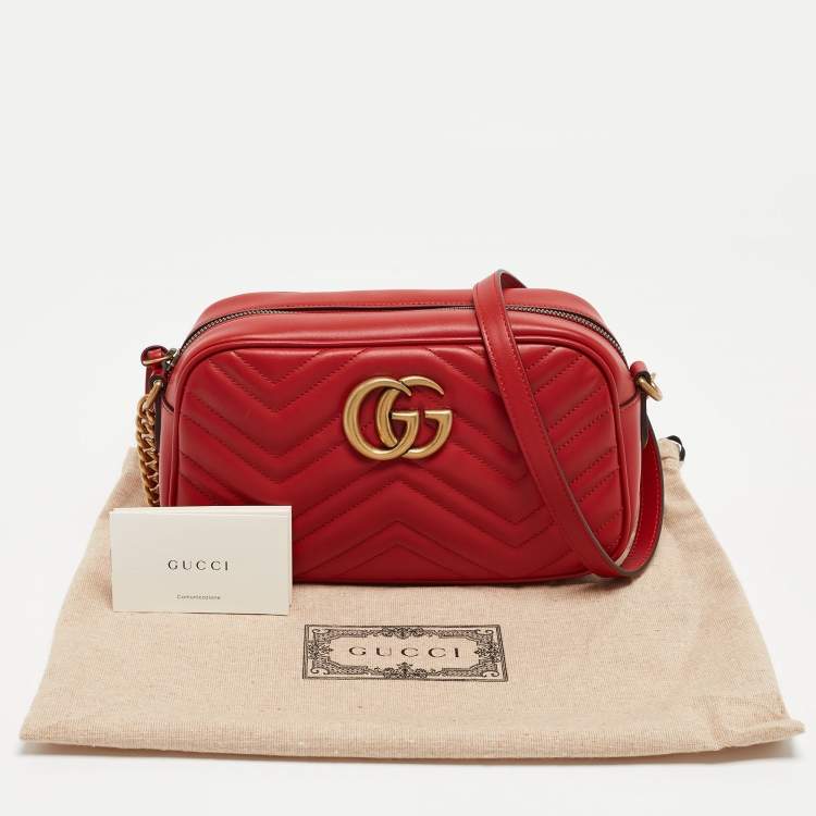 Pre Owned Gucci Red Matelassé Leather Small GG Marmont Shoulder Bag