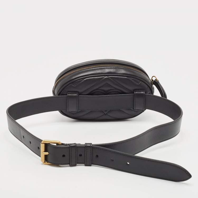 Pre Owned Gucci Black Matelassé Leather GG Marmont Belt Bag
