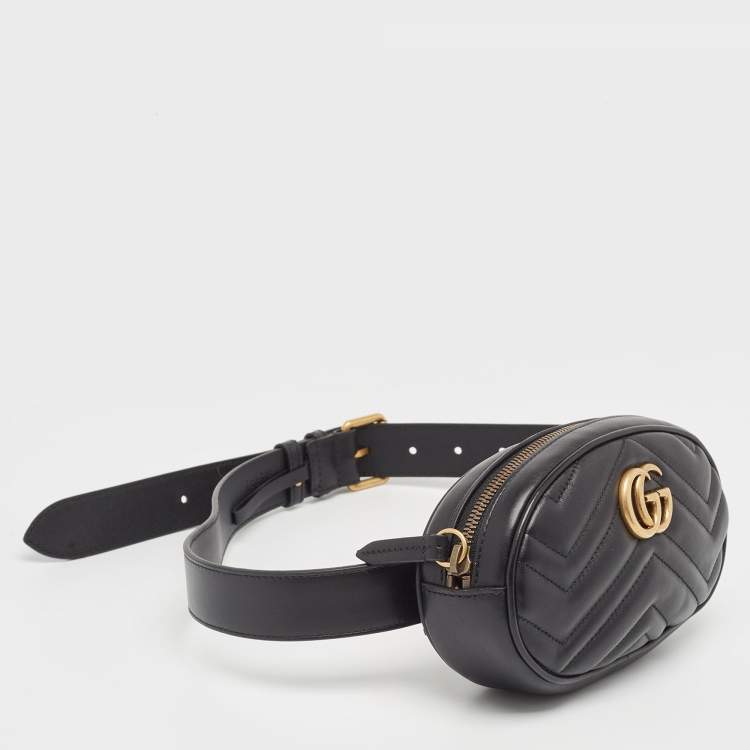 Pre Owned Gucci Black Matelassé Leather GG Marmont Belt Bag
