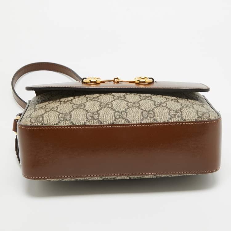Pre Owned Gucci Beige/Brown GG Supreme Canvas and Leather Small Horsebit 1955 Shoulder Bag