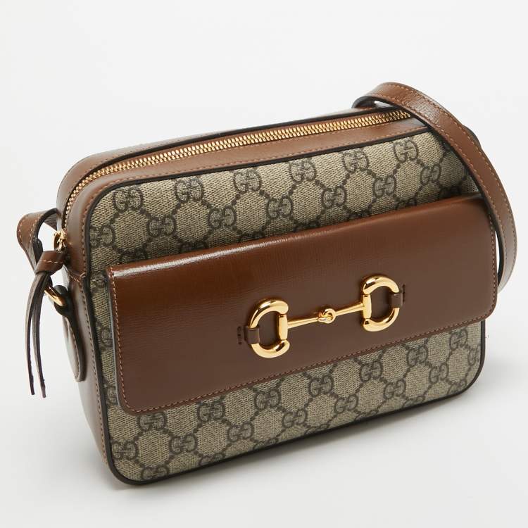 Pre Owned Gucci Beige/Brown GG Supreme Canvas and Leather Small Horsebit 1955 Shoulder Bag