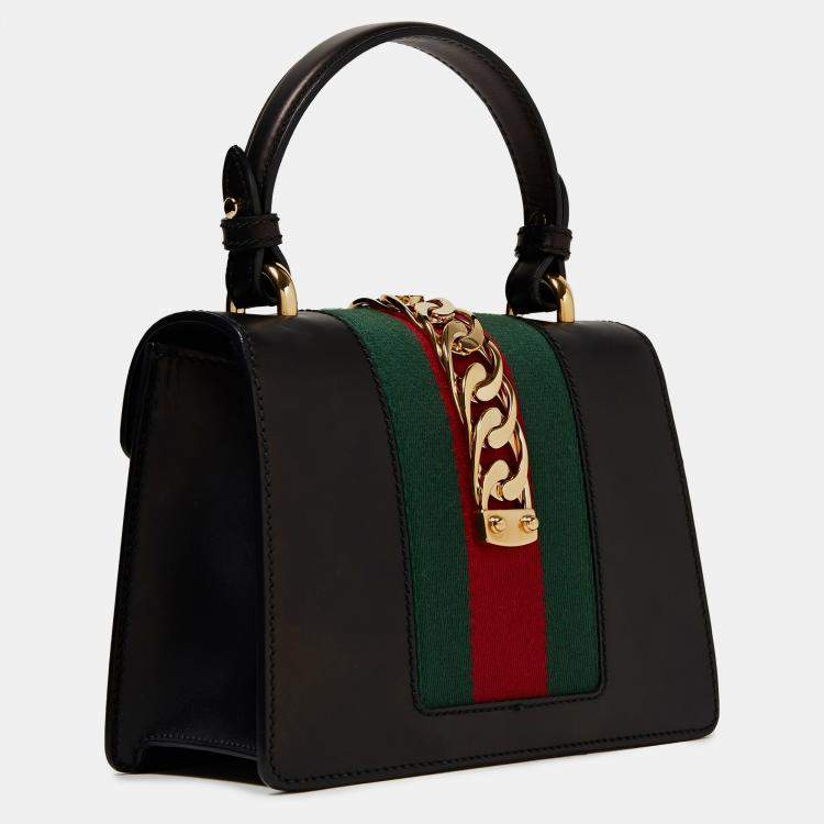 Pre Owned Gucci Black Leather Mini Web Chain Sylvie Top Handle Bag