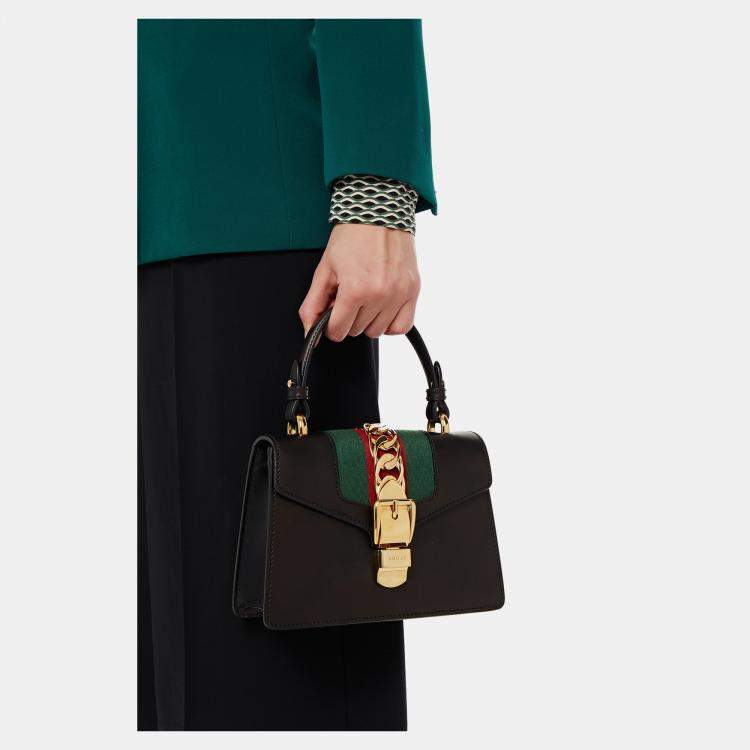 Pre Owned Gucci Black Leather Mini Web Chain Sylvie Top Handle Bag