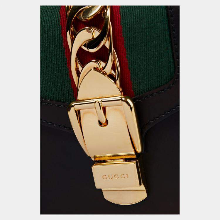 Pre Owned Gucci Black Leather Mini Web Chain Sylvie Top Handle Bag