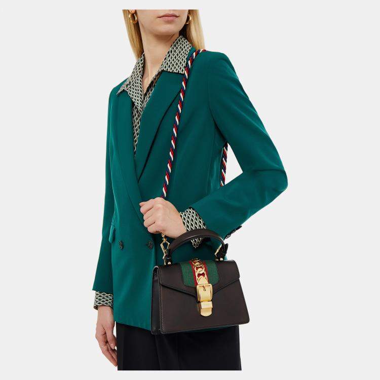 Pre Owned Gucci Black Leather Mini Web Chain Sylvie Top Handle Bag