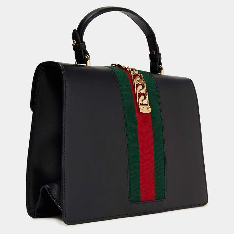 Pre Owned Gucci Black Leather Mini Web Chain Sylvie Top Handle Bag