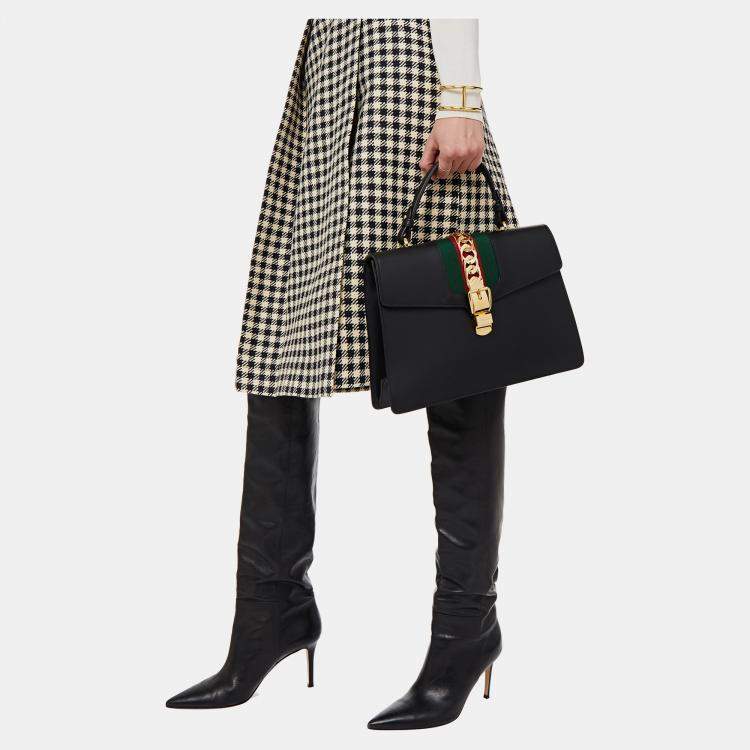 Pre Owned Gucci Black Leather Mini Web Chain Sylvie Top Handle Bag