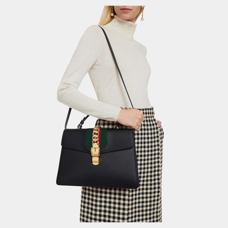 Pre Owned Gucci Black Leather Mini Web Chain Sylvie Top Handle Bag