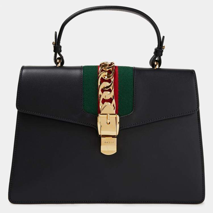 Pre Owned Gucci Black Leather Mini Web Chain Sylvie Top Handle Bag