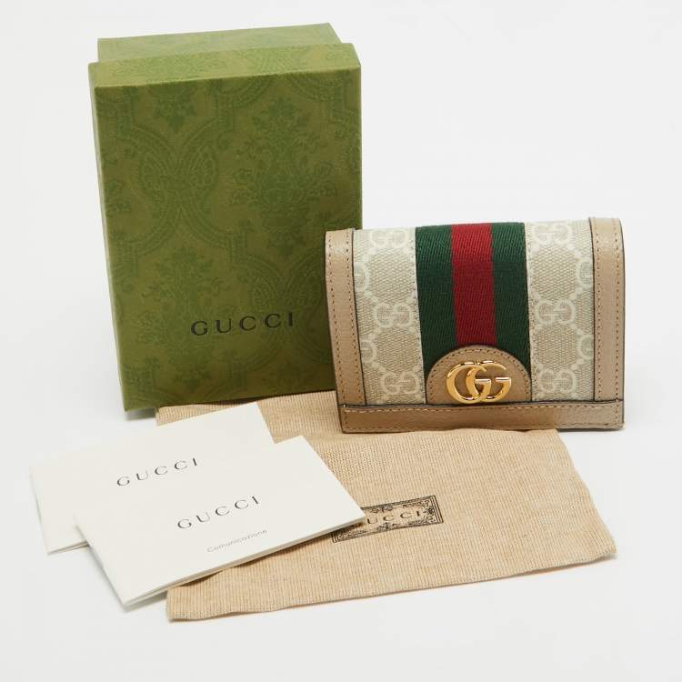 Pre Owned Gucci Beige/Off White GG Supreme Canvas Web Ophidia Card Case Wallet