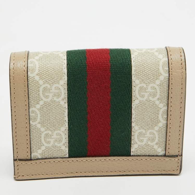 Pre Owned Gucci Beige/Off White GG Supreme Canvas Web Ophidia Card Case Wallet