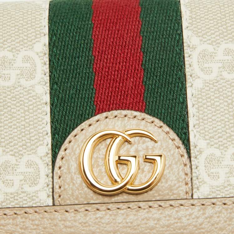 Pre Owned Gucci Beige/Off White GG Supreme Canvas Web Ophidia Card Case Wallet