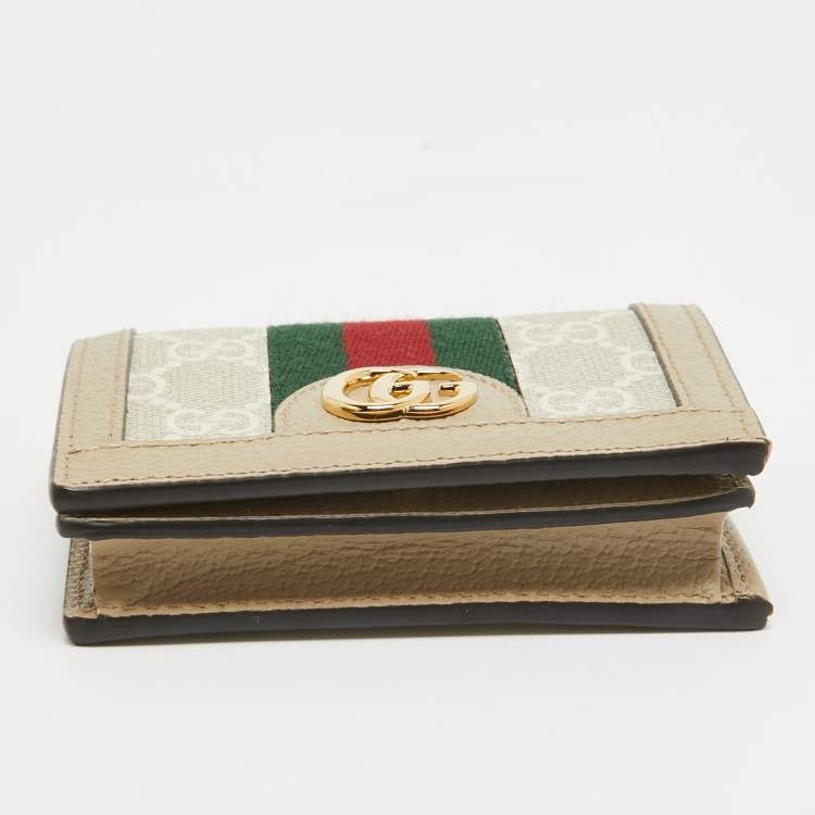 Pre Owned Gucci Beige/Off White GG Supreme Canvas Web Ophidia Card Case Wallet