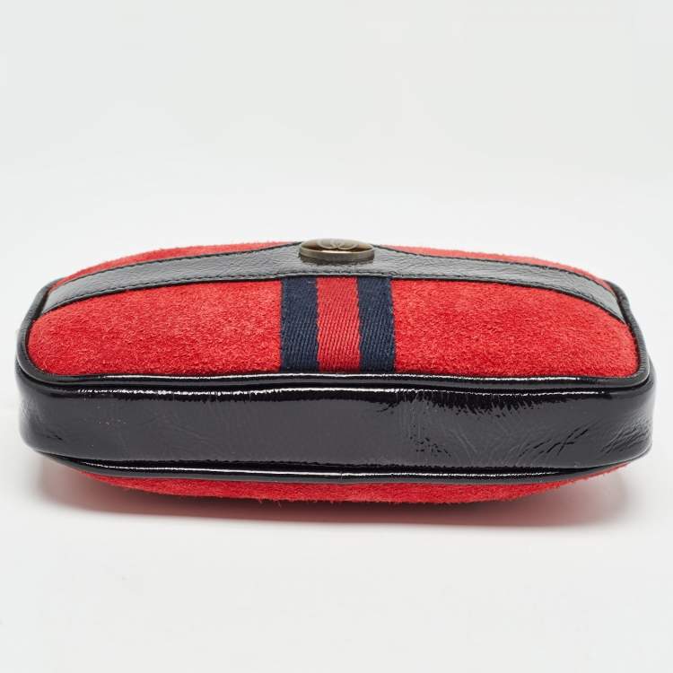 Pre Owned Gucci Red/Black Suede and Patent Leather Ophidia Belt Bag