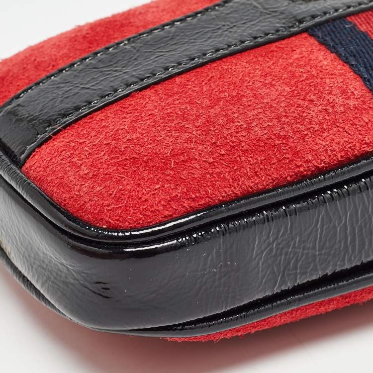 Pre Owned Gucci Red/Black Suede and Patent Leather Ophidia Belt Bag