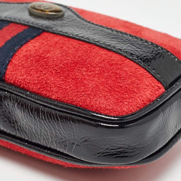 Pre Owned Gucci Red/Black Suede and Patent Leather Ophidia Belt Bag