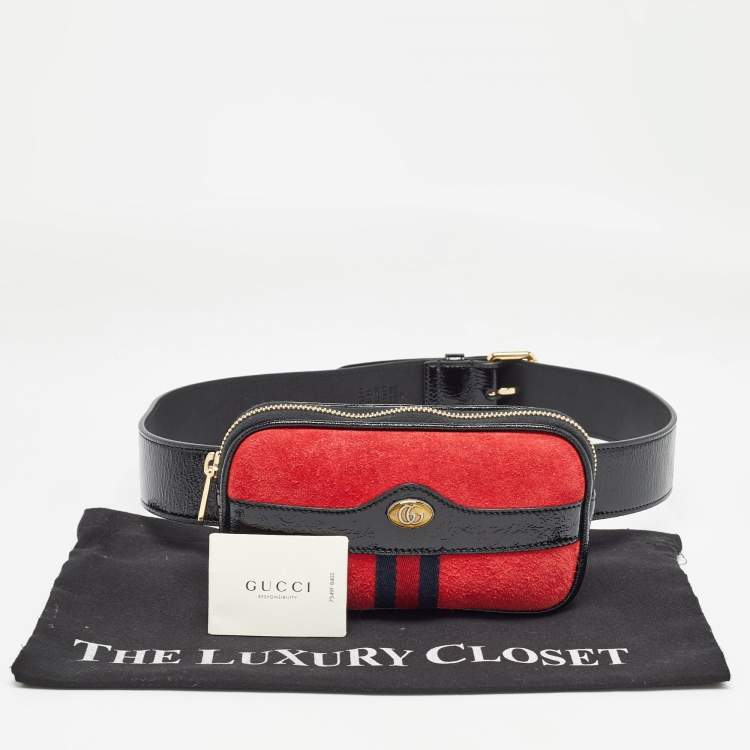 Pre Owned Gucci Red/Black Suede and Patent Leather Ophidia Belt Bag