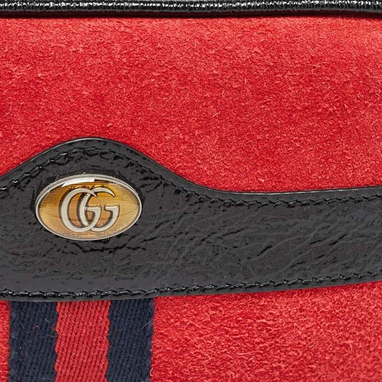 Pre Owned Gucci Red/Black Suede and Patent Leather Ophidia Belt Bag