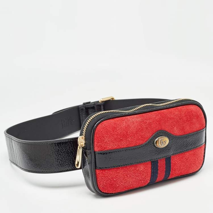 Pre Owned Gucci Red/Black Suede and Patent Leather Ophidia Belt Bag