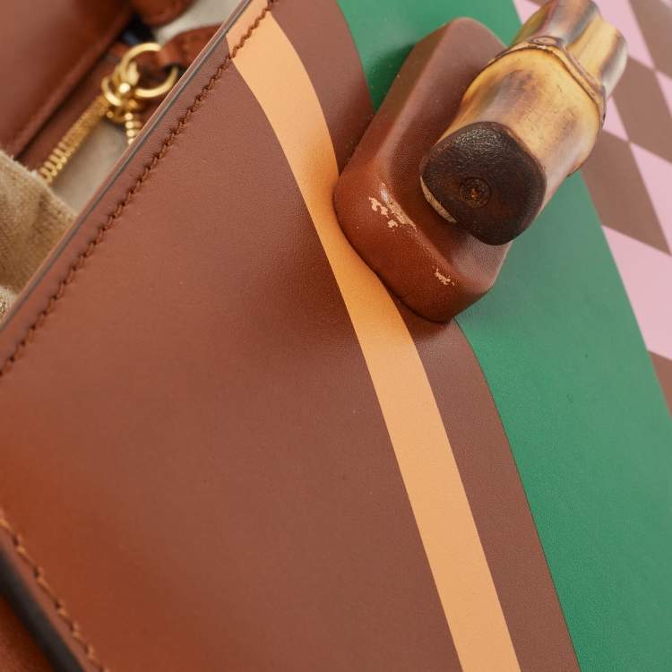 Pre Owned Gucci Brown Geometric Print Leather Medium Bamboo 1947 Top Handle Bag