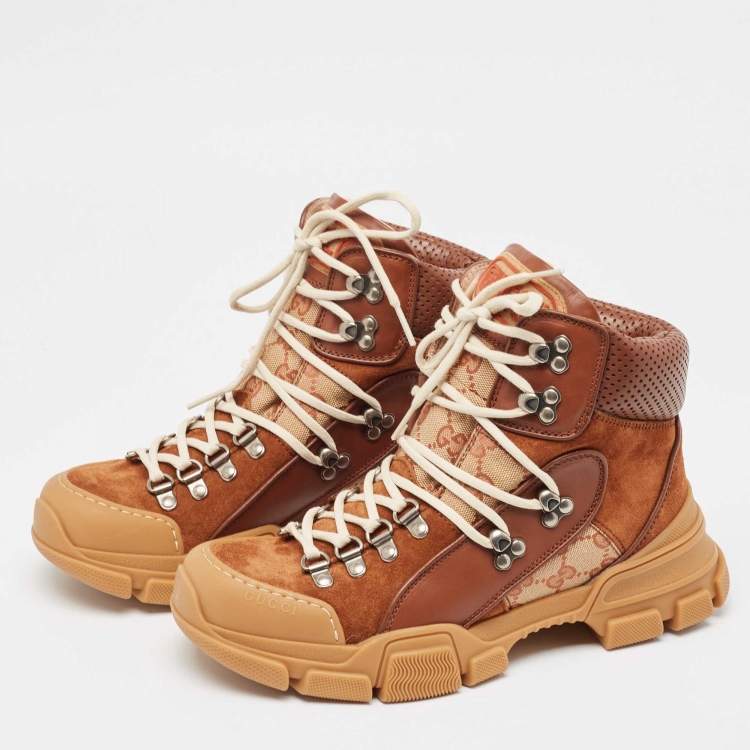 Pre Owned Gucci Beige/Brown GG Canvas and Suede Flashtrek Boots Size 35
